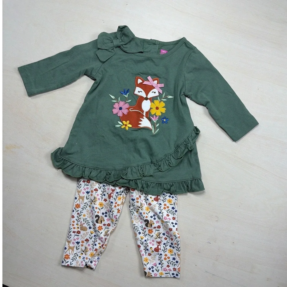Goodlad Baby Girls Fox Floral Tunic and Leggings 2PC Set Green 9 Months